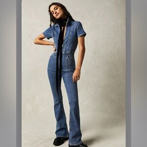 Free People We The Free Jayde Flare Denim Jumpsuit Size Large